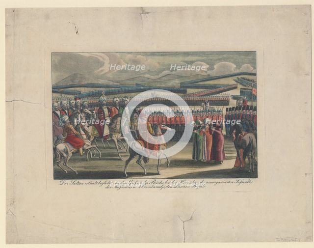 Selim III, Sultan of the Turks, welcomed to his new infantry review in countryside. Artist: Anonymous  