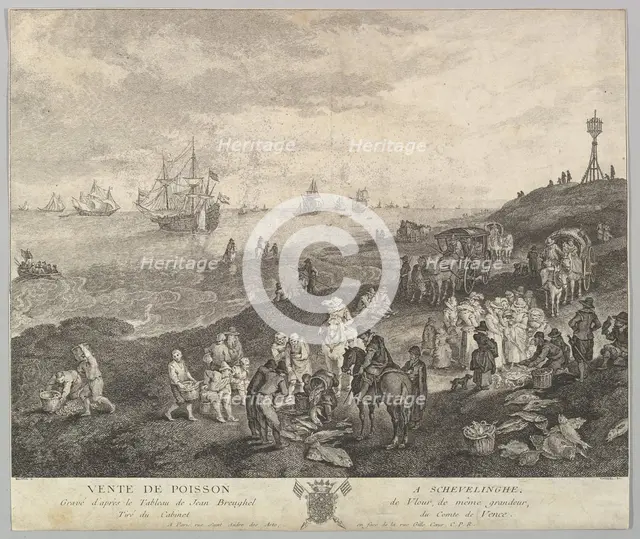 Selling Fish at Scheveningen (Vente de Poisson a Schevelinghe [sic]) after the painting in the.... Creator: Quentin Pierre Chedel.