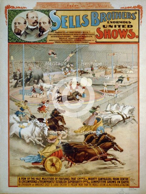 Sells Brothers' Enormous Shows, ca 1885. Artist: The Strobridge Lithographing Company  