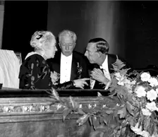 Selma Lagerlof with princes Eugen and Wilhelm, for her 80th birthday, the Dramaten, 1938. Creator: Unknown