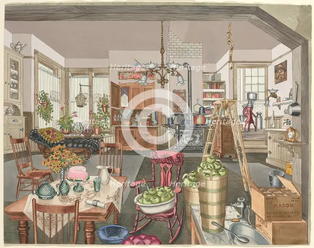Semi-Rural Kitchen and Dining Room, 1910, 1935/1942. Creator: Perkins Harnly.