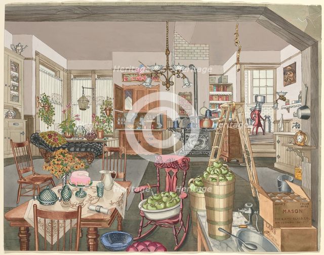 Semi-Rural Kitchen and Dining Room, 1910, 1935/1942. Creator: Perkins Harnly.