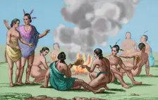 Seminoles Indians celebrating seated around a fire, Florida, 16th century, (1837) (1850). Creator: Emile Louis Vernier