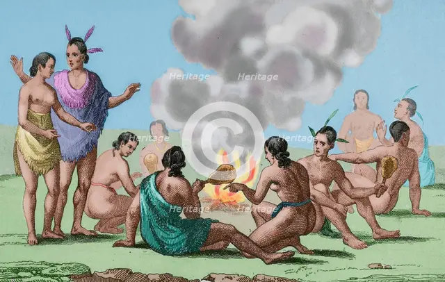 Seminoles Indians celebrating seated around a fire, Florida, 16th century, (1837) (1850).  Creator: Emile Louis Vernier.