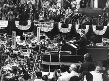 Senator Edward Kennedy addresses the Democratic Convention in Madison Square Garden, c1980s