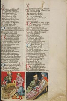 Seneca Murdered in His Bathtub: Nero Cuts Open His Mother's Belly; Weltchronik, about 1400-1410. Creator: Unknown