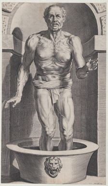 Seneca at the bath, standing in a niche with his feet in a basin, ca. 1615., ca. 1615. Creator: Cornelis Galle I