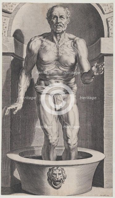 Seneca at the bath, standing in a niche with his feet in a basin, ca. 1615., ca. 1615. Creator: Cornelis Galle I.