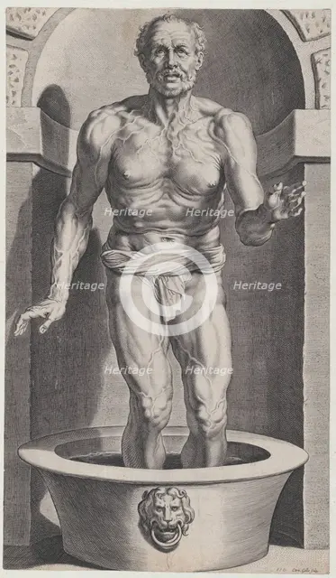 Seneca at the bath, standing in a niche with his feet in a basin, ca. 1615., ca. 1615. Creator: Cornelis Galle I.