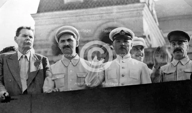 Senior Soviet figures on the tribune of Lenin's mausoleum, Red Square, Moscow, USSR, 1931. Artist: Anon