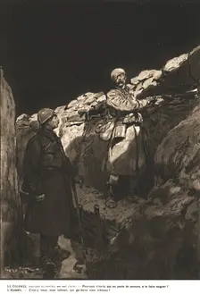 Sentry duty; The Colonel, inspecting his trenches during a night of high alert.., 1917. Creator: Unknown