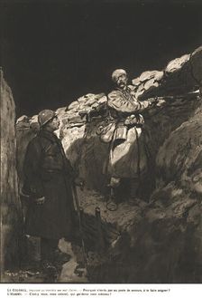 Sentry duty; The Colonel, inspecting his trenches during a night of high alert.., 1917. Creator: Unknown