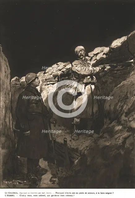 Sentry duty; The Colonel, inspecting his trenches during a night of high alert.., 1917. Creator: Unknown.