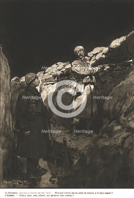 Sentry duty; The Colonel, inspecting his trenches during a night of high alert.., 1917. Creator: Unknown.