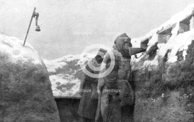Sentries in a trench looking out over no-man's-land, Pas-de-Calais, France, winter, 1915. Artist: Unknown