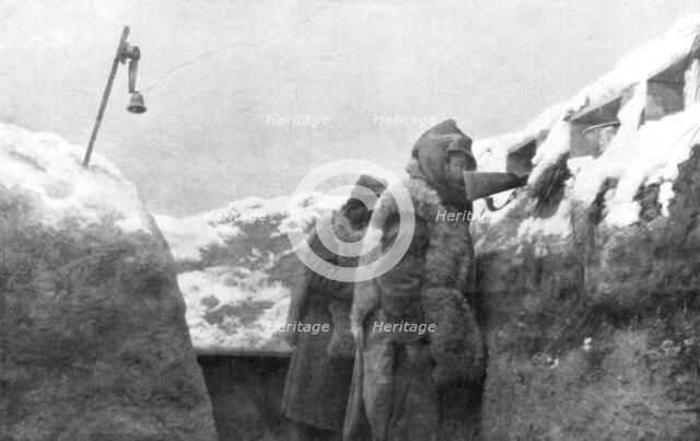Sentries in a trench looking out over no-man's-land, Pas-de-Calais, France, winter, 1915. Artist: Unknown