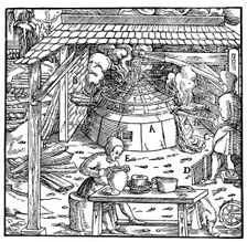 Separating lead from silver or gold in a cupellation furnace, 1556. Creator: Unknown