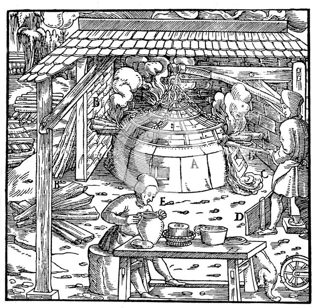 Separating lead from silver or gold in a cupellation furnace, 1556. Creator: Unknown.
