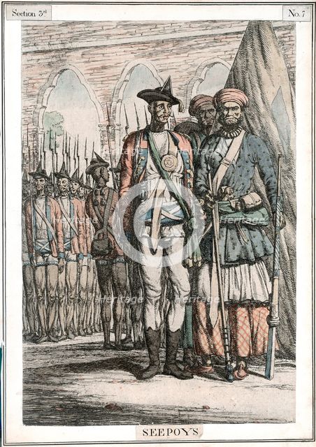 Sepoys, native troops employed by East India Company, 19th century. Artist: Unknown