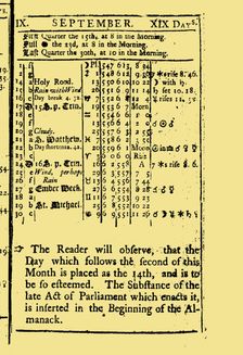 September - 19 days, from The Virginia almanack, for the year of our Lord God 1752, 1751. Creator: Historic Object