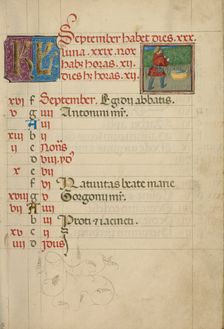 September Calendar Page; Harvesting Grapes; Book of Hours, about 1460. Creator: Unknown