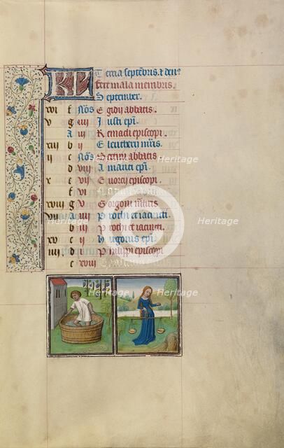 September Calendar Page: Making Wine: Libra; Arenberg Hours, early 1460s. Creator: Workshop of Willem Vrelant.
