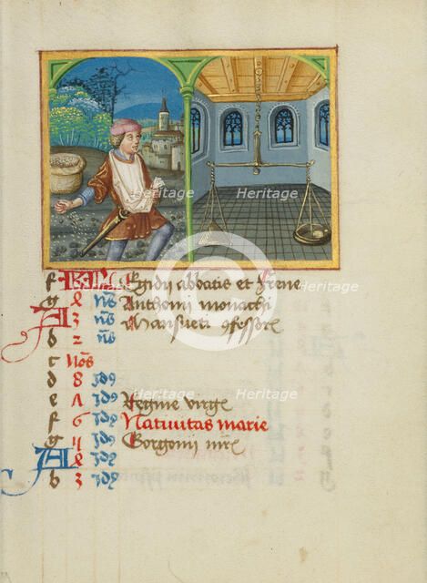 September Calendar Page; Sowing; Libra; Book of Hours, early 16th century. Creator: Unknown.