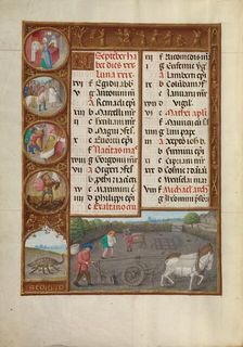 September Calendar Page: Plowing and Sowing: Scorpio; Spinola Hours, about 1510-1520. Creator: Workshop of the Master of James IV of Scotland
