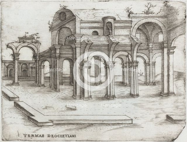 Sepulchrum Adriani, from a Series of Prints depicting (reconstructed) Build..., Plate ca. 1530-1550. Creator: Master GA.