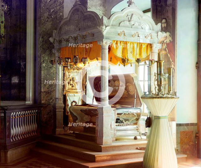 Sepulchre of the Venerable Dimitrii Rostovskii with relics, Yakovlevsky Savior ..., 1911. Creator: Sergey Mikhaylovich Prokudin-Gorsky.