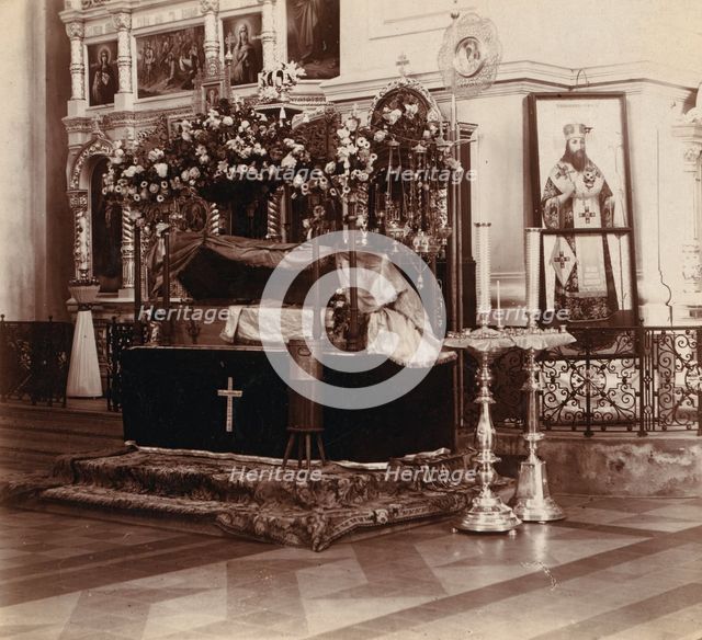 Sepulchre with the relics of Saint Evfrosiniia in Saint Eufrosyne Monastery, 1912. Creator: Sergey Mikhaylovich Prokudin-Gorsky.