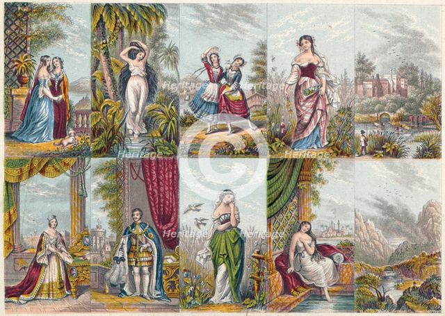 Series of views and figures, including a portrait of Queen Victoria and Prince Albert, 1851. Artist: Unknown.