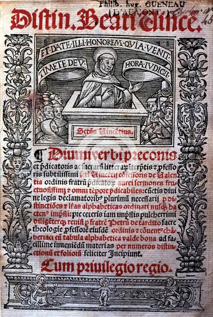 Sermons of St. Vincent Ferrer, cover of the Latin edition printed in Lugduni (Leyden) in 1523.