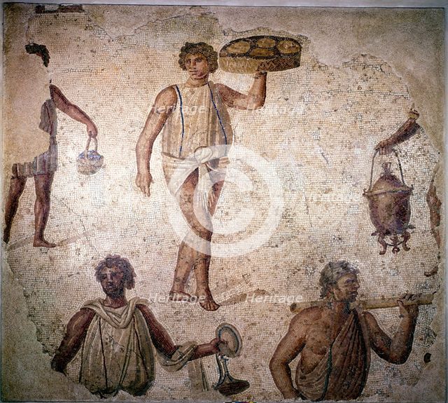 Servants or slaves making preparations for a feast, mosaic, Carthage, 2nd century. Artist: Unknown