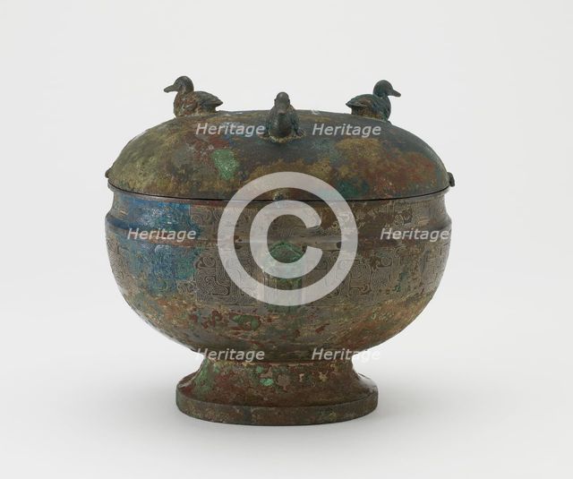 Serving vessel with lid (dun) and dragons and ducks, Eastern Zhou dynasty, 5th century BCE. Creator: Unknown.