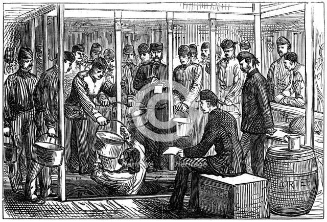 Serving out porter on a troop-ship, 1878. Artist: Unknown
