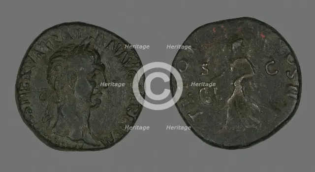 Sestertius (Coin) Portraying Emperor Trajan, Roman Period, 98-117. Creator: Unknown.