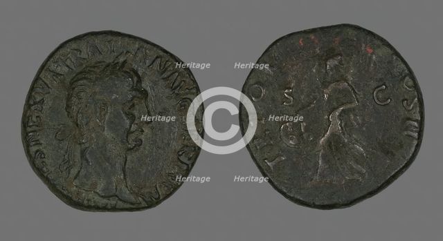 Sestertius (Coin) Portraying Emperor Trajan, Roman Period, 98-117. Creator: Unknown.