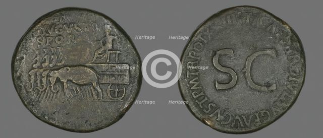 Sestertius (Coin) Portraying Emperor Augustus, 34-35. Creator: Unknown.