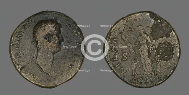 Sestertius (Coin) Portraying Emperor Hadrian, 128-132. Creator: Unknown.