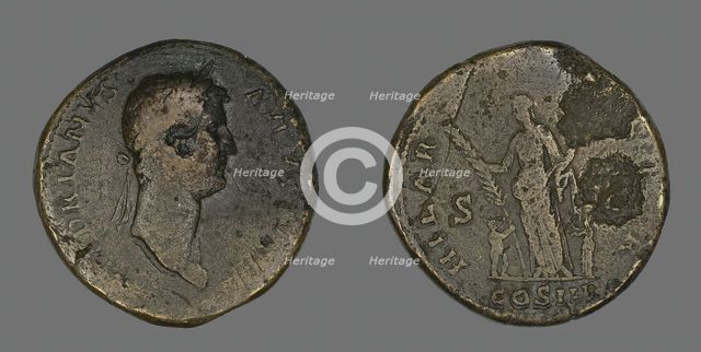 Sestertius (Coin) Portraying Emperor Hadrian, 128-132. Creator: Unknown.