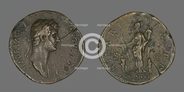 Sestertius (Coin) Portraying Emperor Hadrian, 128-132. Creator: Unknown.