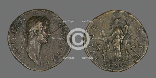 Sestertius (Coin) Portraying Emperor Hadrian, 128-132. Creator: Unknown.