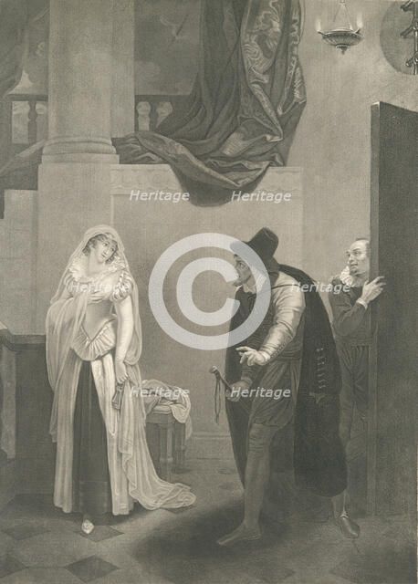 Shylock's House-Shylock, Jessica and Launcelot (Shakespeare..., first published 1795; reissued 1852. Creator: Peter Simon.