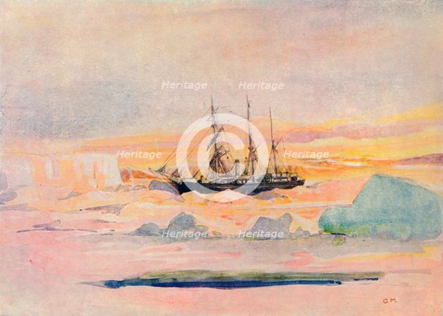 Shackleton's ship, the Nimrod, in McMurdo Sound, (1909), 1912. Artist: George Marston