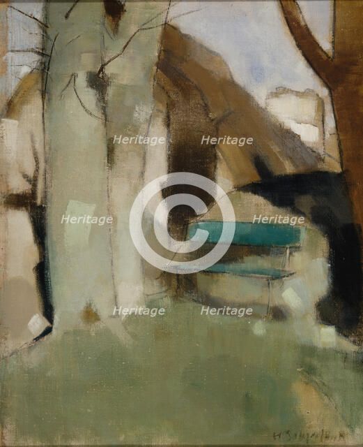 Shadow on the Wall II (Green Bench) , 1928. Creator: Schjerfbeck, Helene (1862-1946).