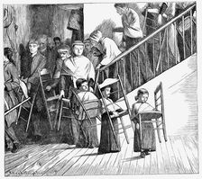 Shaker community going to dinner, each carrying their own Shaker chair, New York State, 1870