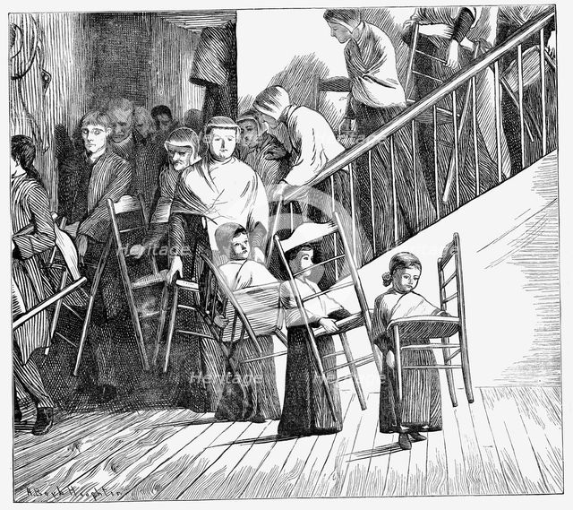Shaker community going to dinner, each carrying their own Shaker chair, New York State, 1870. Artist: Unknown
