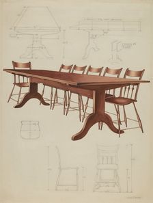 Shaker Dining Table and Chairs, c. 1937. Creator: Lon Cronk