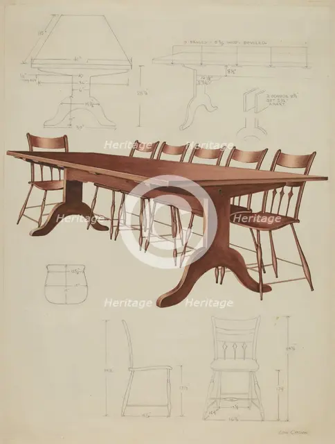 Shaker Dining Table and Chairs, c. 1937. Creator: Lon Cronk.
